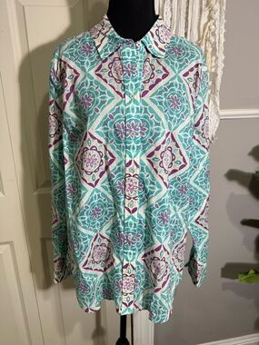 Talbots Turquoise & Purple Floral Button-Up Top cotton